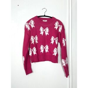 Merry Christmas by Poof hot pink bow sweater knit juniors small cropped s‎ crew